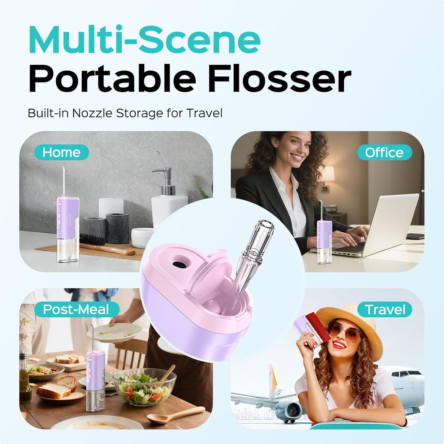 image:imageCOSLUS T40 Mini Water Flosser for Travel Portable Compact Design Cordless Oral Irrigator with 4 Jet Tips Removable Tank amp IPX7 Waterproof for Braces Sensitive Teeth amp OnTheGo Use Pink Purple  Cordless Oral Irrigator Builtin Tip Storage 4 Modes for Braces Orthodontic Sensitive Teeth OntheGo Use Pink PurplePink Purple