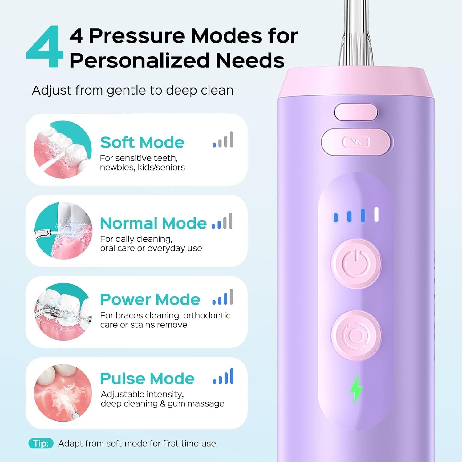 image:imageCOSLUS T40 Mini Water Flosser for Travel Portable Compact Design Cordless Oral Irrigator with 4 Jet Tips Removable Tank amp IPX7 Waterproof for Braces Sensitive Teeth amp OnTheGo Use Pink Purple  Cordless Oral Irrigator Builtin Tip Storage 4 Modes for Braces Orthodontic Sensitive Teeth OntheGo Use Pink PurplePink Purple