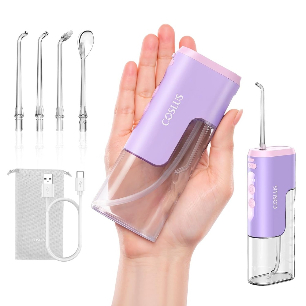 image:imageCOSLUS T40 Mini Water Flosser for Travel Portable Compact Design Cordless Oral Irrigator with 4 Jet Tips Removable Tank amp IPX7 Waterproof for Braces Sensitive Teeth amp OnTheGo Use Pink Purple  Cordless Oral Irrigator Builtin Tip Storage 4 Modes for Braces Orthodontic Sensitive Teeth OntheGo Use Pink PurplePink Purple